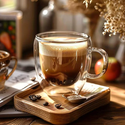 6 Ounces Set of 4 Double Walled Glass Coffee Mugs with Handle Insulated Layer Coffee Cups Borosilicate Glass Espresso Double Insulated Clear Glass Coffee Mug for Hot Beverages