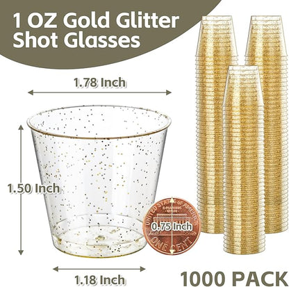 [1000 Pack 1oz Shot Glasses Disposable Cups, Gold Glitter Plastic Shot Glasses for Sauces & Dips, Shot Cups Ideal for Tequila, Whiskey, Wine Tasting, Vodka & Liquor
