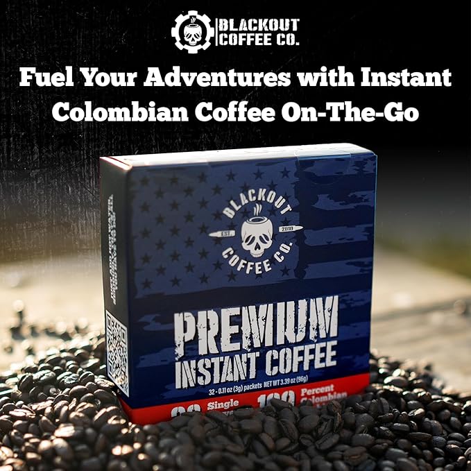 Blackout Coffee Colombian Arabica Instant Coffee – Medium Roast, Strong Aromatic, Single Serve Packets – Premium Quality 32 Count, American Made
