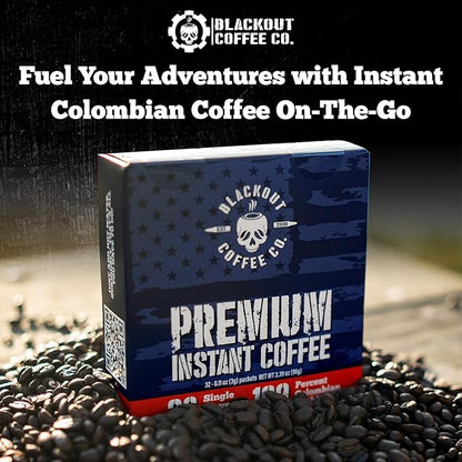 Blackout Coffee Colombian Arabica Instant Coffee – Medium Roast, Strong Aromatic, Single Serve Packets – Premium Quality 32 Count, American Made