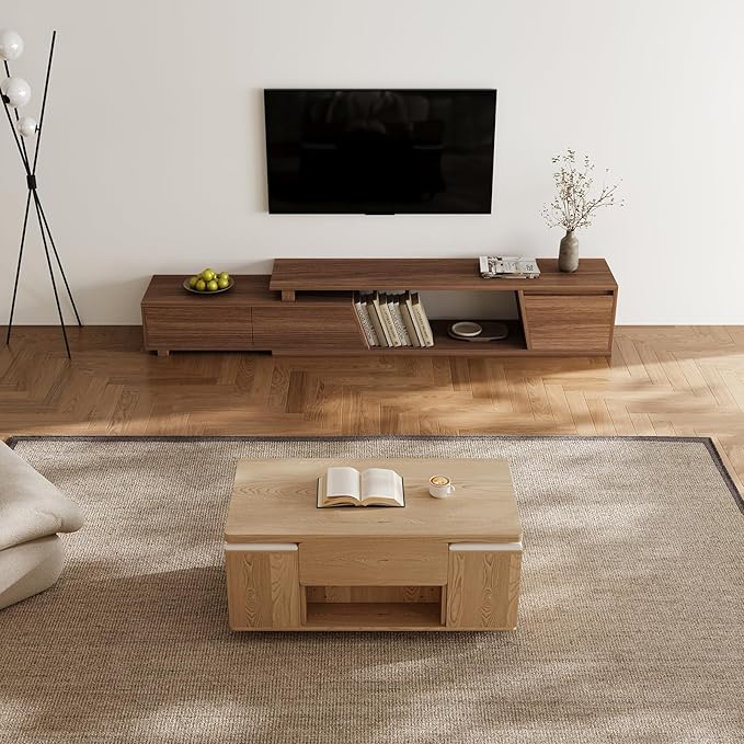 homary Natural Lift Top Coffee Table with Hidden Storage, 3 in 1 Multi-Function Modern Folding Center Table with 4 Stools and Casters