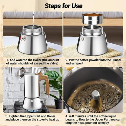 No Coating 4 Cup Moka Pot Thickened 304 Stainless Steel Stovetop Espresso Coffee Maker 200ml 6.8oz Mocha Percolator Greca Cuban Ideal for Making Rich Authentic Italian Café