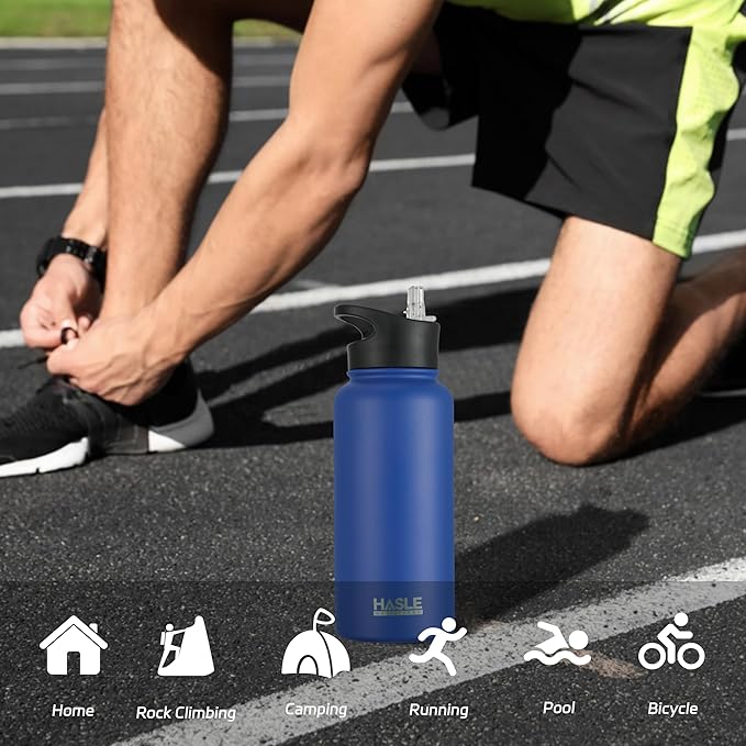 HASLE OUTFITTERS 32 oz Insulated Water Bottle Stainless Steel Double Walled Vacuum Sports Water Bottle with 2 Lids (Straw and Spout Lid) for Gym Camping Hiking(Royal Blue,1)