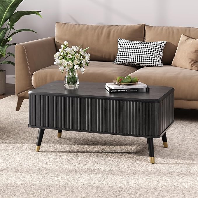 Lift Top Coffee Table, Mid Century Modern Coffee Table with Hidden Compartment, Fluted Lift Tabletop Center Table for Living Room, Home Office, Black