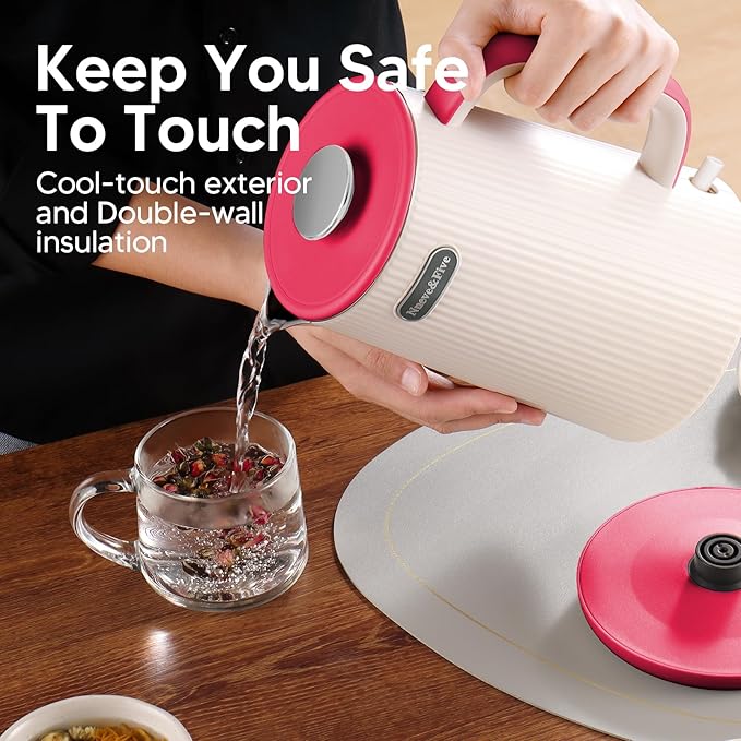 Nueve&Five 1.7L (57oz) Large Electric Kettle Perfect for 7+Cups of Tea and Coffee,2 quarts Double Wall Big Electric Tea Kettle,Auto Shut Off,1200W Hot Water Kettle Electric -Red