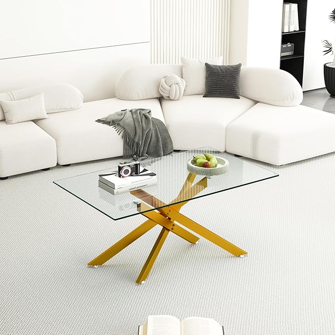 Gold Glass Coffee Table Set of 3 Modern End Table Living Room Side Table, Geometric Metal Legs 39.4 Inch Clear Rectangle Center Cocktail Tables, Gold