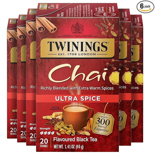 Twinings Ultra Spice Chai Individually Wrapped Bags, 20 Count (Pack of 6), Sweet, Savoury Spices, Caffeinated, Enjoy Hot or Iced, 120 Teabags