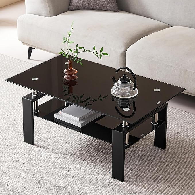 Black Glass Coffee Table for Living Room, Mordern Rectangle Tempered Glass Sofa Center Tables with Black Metal Leg for Home Office