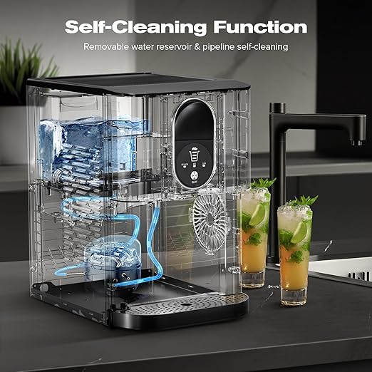 Kismile Countertop Nugget Ice Maker, 20DN 50LBS/Day Output, Self-Cleaning, Soft Chewable Pebble/Pellet Ice with One-Click Operation for Home