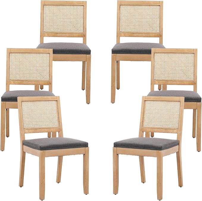 Vintage French Country Dining Chairs Set of 6, Rattan Dining Chairs with a Low Square Back, Grey Upholstered Dining Chair, Sillas para Comedor, Kitchen & Dining Room Chair (Gray, Rattan, 6Pcs)