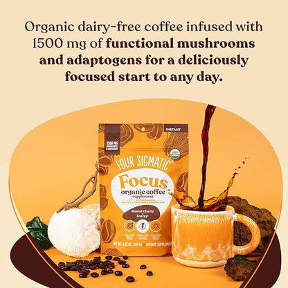 Four Sigmatic Focus Organic Mushroom Coffee | 1500mg of Adaptogens per Serving | Lion's Mane, Chaga, Rhodiola, Ashwagandha & Mucuna for Energy, Focus, Positive Mood & Immune Support | 30 Servings