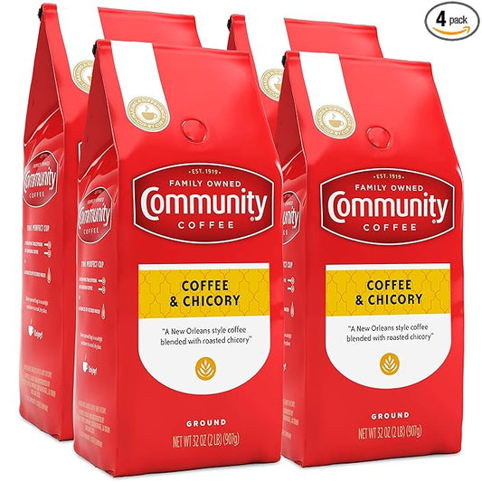 Community Coffee Coffee and Chicory Blend Coffee, Medium Dark Roast Ground Coffee, 32 Ounce Bag (Pack of 4)