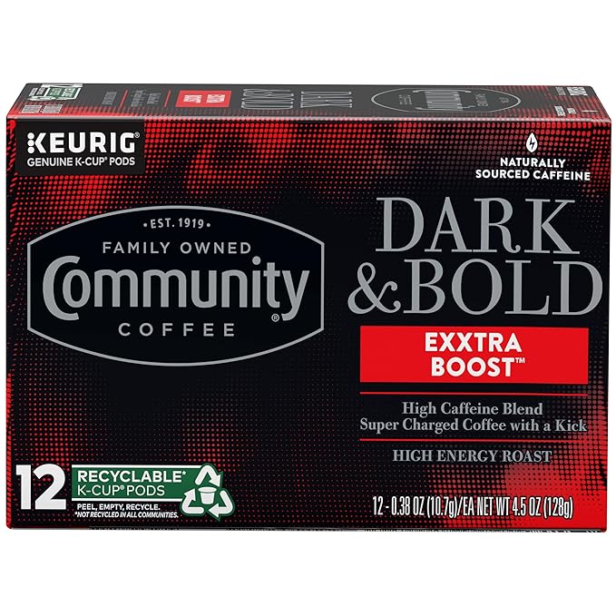 Community Coffee Dark & Bold Exxtra Boost 12 Count Coffee Pods, Compatible with Keurig 2.0 K-Cup Brewers, 12 Count (Pack of 1)
