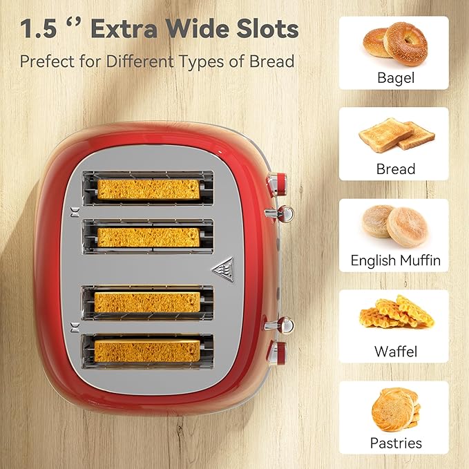 Toaster 4 Slice, Retro Stainless with 6 Bread Shade Settings,1.5''Wide Slots Toaster with Cancel/Defrost/Reheat,Dual Independent Control Panel(Red)