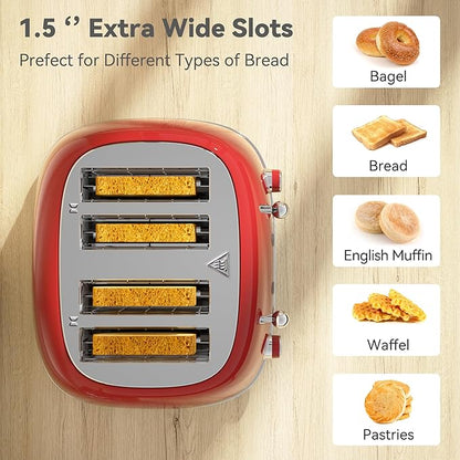 Toaster 4 Slice, Retro Stainless with 6 Bread Shade Settings,1.5''Wide Slots Toaster with Cancel/Defrost/Reheat,Dual Independent Control Panel(Red)