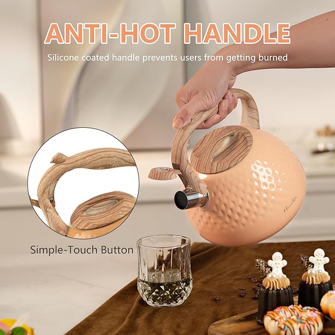 harriet Tea Kettle, Tea Pot for Stovetop, 2.5QT Whistling Kettle with 5-Layers bottom, Food Grade Stainless Steel Kettles with Hot-Resistant Handle Gas Electric Applicable, Peach