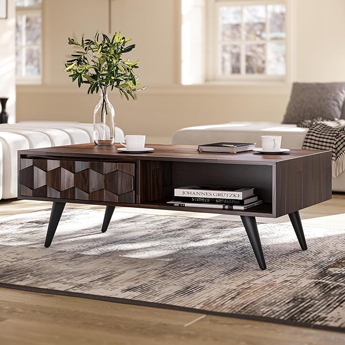 Bme Georgina Solid Wood Coffee Tables for Living Room, Coffee Table Mid Century Modern with 2 Symmetrical Storage Drawers & Geometric Details, Fully Assembled Center Table, Walnut