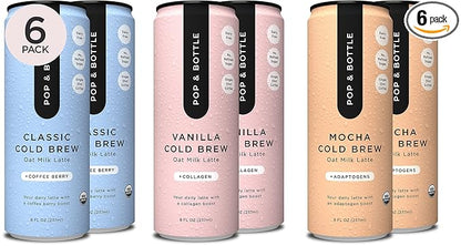 Pop & Bottle, Oat Milk Lattes - Cold Brew, Maca, Antioxidants, Ashwagandha, MCT Oil, Collagen, Organic, Diary Free, Gluten Free, Lightly Sweetened with Dates - Variety, 8 Fl Oz (6 Pack)
