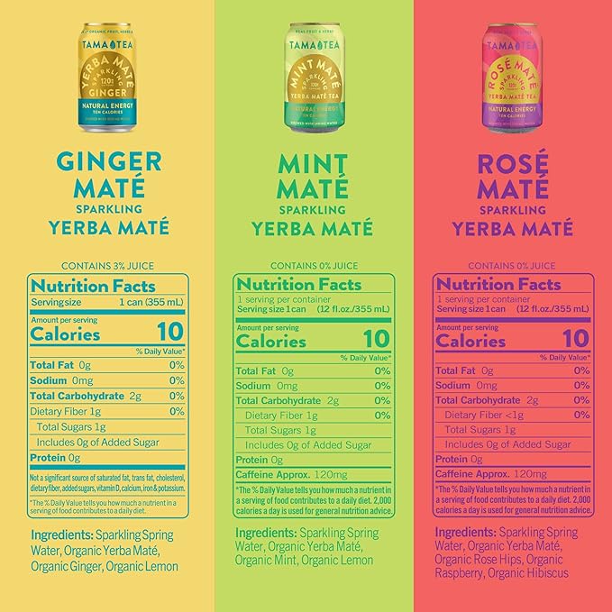 Sparkling Yerba Mate Variety Pack by Tama Tea - Unsweetened Natural Energy Drink with Real Fruit & Herbs - Healthy Caffeine Drink Alternative - 120mg of Caffeine, 10 Calories - 12oz Pack of 12
