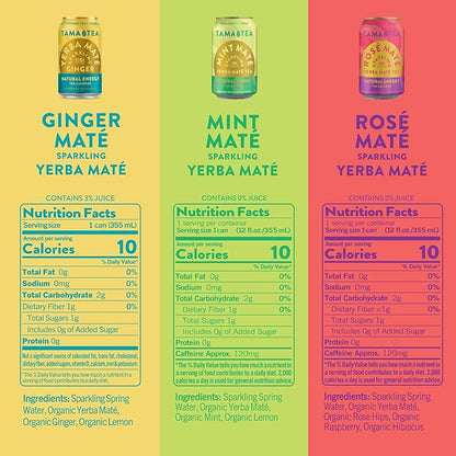 Sparkling Yerba Mate Variety Pack by Tama Tea - Unsweetened Natural Energy Drink with Real Fruit & Herbs - Healthy Caffeine Drink Alternative - 120mg of Caffeine, 10 Calories - 12oz Pack of 12