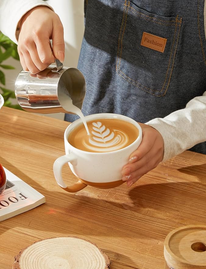 Teocera Beige Coffee Mugs Set of 4, 16 oz Ceramic Coffee Mug, Large Mug Set with Handle for Cold or Hot Drinks like Cocoa, Latte, Milk, Cereal, Durable Porcelain with Nordic Style