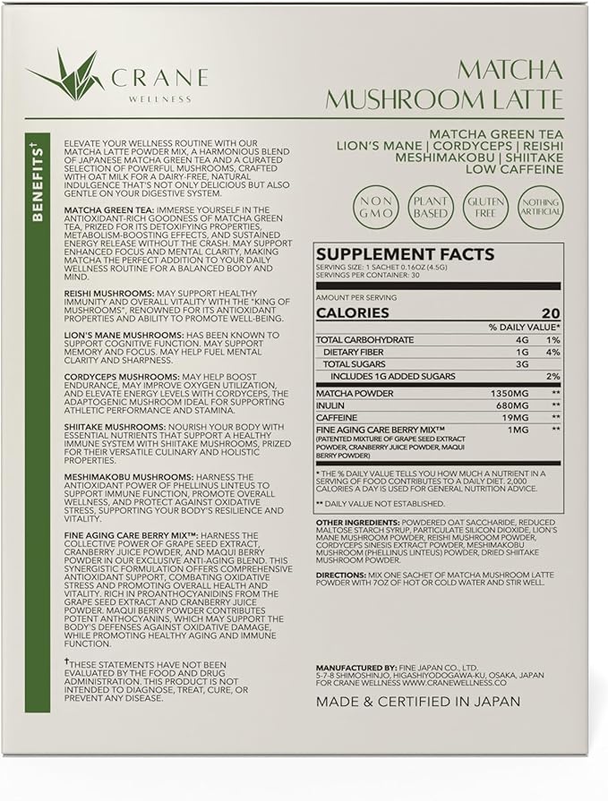 Matcha Mushroom Latte Mix with Adaptogens, 30 Sachets, Oat Milk, Plant Based for Focus and Clarity