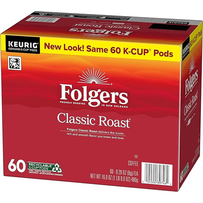 Folgers Classic Roast Coffee, Medium Roast, Keurig K-Cup Pods, 10 Count Box (Pack of 6)