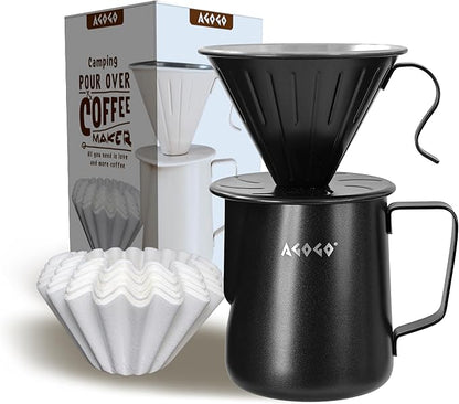 AGOGO Compact Portable Pour Over Coffee Maker Set - Easy Cleaning 304 Stainless Steel Dripper Set for Camping & 50 Filters Paper & Cleaning Rag (Black, 600ml)