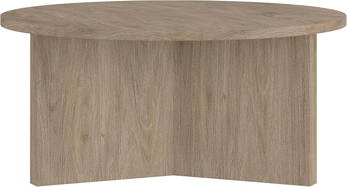 Henn&Hart 36" Round Wood Pedestal Coffee Table for Living Room, Family Room, Office, or Apartment, Antiqued Gray Oak