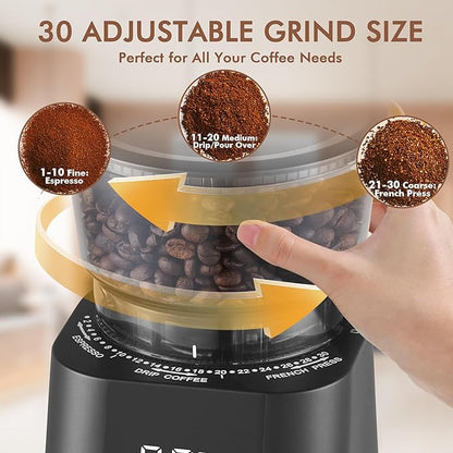 Burr Coffee Grinder Electric, Adjustable Burr Mill with 30 Grinding Settings, Coffee Bean Grinder with Touchscreen, 2-12 Cups