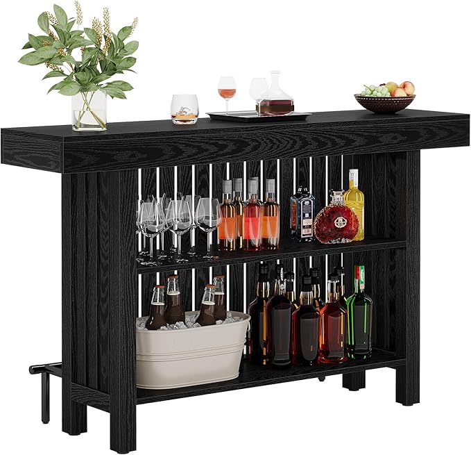 Tribesigns Black Large Home Bar Unit, 2-Tier Mini Bar Table Height Pub Table with Footrest, 63-Inch Modern Coffee Bar Cabinet for Home Kitchen, Bistro, Dining Room, Living Room