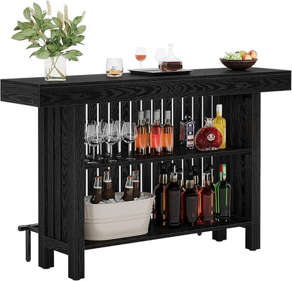 Tribesigns Black Large Home Bar Unit, 2-Tier Mini Bar Table Height Pub Table with Footrest, 63-Inch Modern Coffee Bar Cabinet for Home Kitchen, Bistro, Dining Room, Living Room