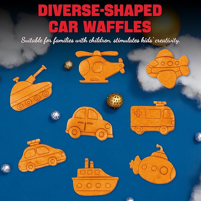 Car Waffle Maker for Kids, Halloween & Christmas Mini Waffle Maker, 8 Fun Vehicle Shaped Mini Pancake Maker, Non Stick Surface, Excellent Gift, White