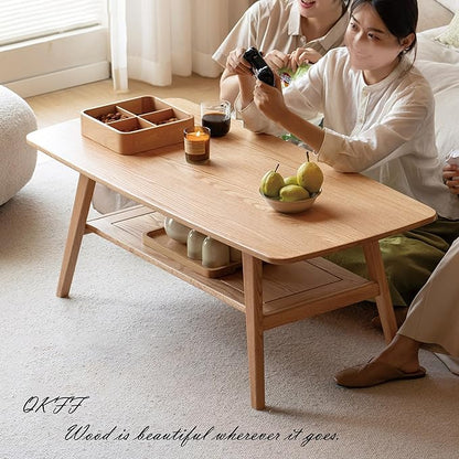 Modern Solid Wood Coffee Table, 2-Tier Small Wooden Coffee Table with Storage Shelf for Living Room, Apartment, Office, Natural (32''D x 20''W x 18''H)