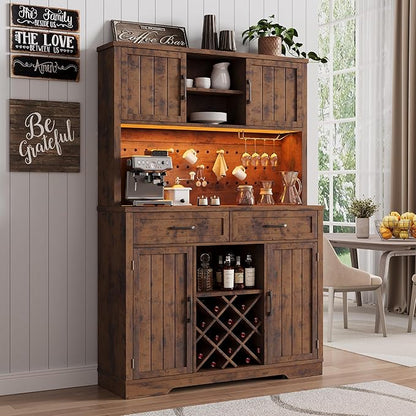 72" Coffee Bar Cabinet with Power Outlet & LED Light, Farmhouse Large Kitchen Hutch with Sliding Barn Door, Tall Bar Cabinets with Storage Drawers & Wine Glass Rack,Pantry China Cabinet,Vintage Brown
