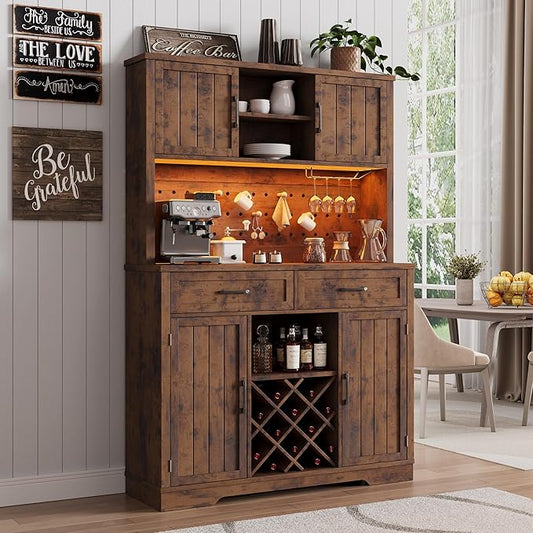 72" Coffee Bar Cabinet with Power Outlet & LED Light, Farmhouse Large Kitchen Hutch with Sliding Barn Door, Tall Bar Cabinets with Storage Drawers & Wine Glass Rack,Pantry China Cabinet,Vintage Brown