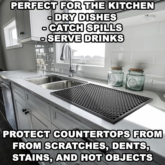 2 Pack Silicone Bar Mat - 1/2 Inch Thick Heat-Resistant and Food Safe Drip Mat - Spill Mats for Counter Top - Kitchen Service Mat, Coffee Bar, Restaurant - Drying Mat - 18 x 12 Inches