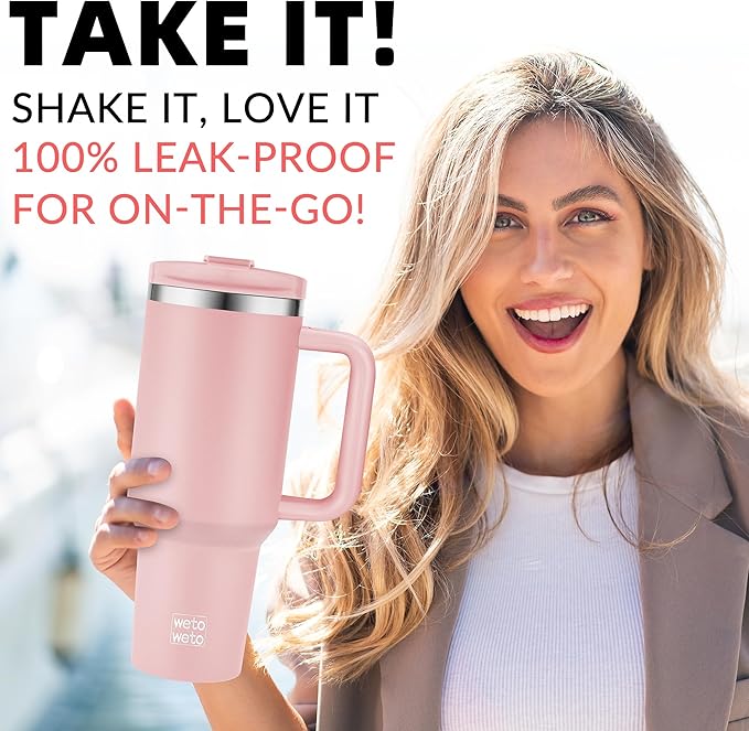 WETOWETO 40oz Tumbler with Handle and Lid | 100% Leakproof Insulated Stainless Steel Travel Mug | Keeps Cold 34Hrs/Hot 10Hrs | Dishwasher Safe, Fits Car Cup Holder (Blush Color)