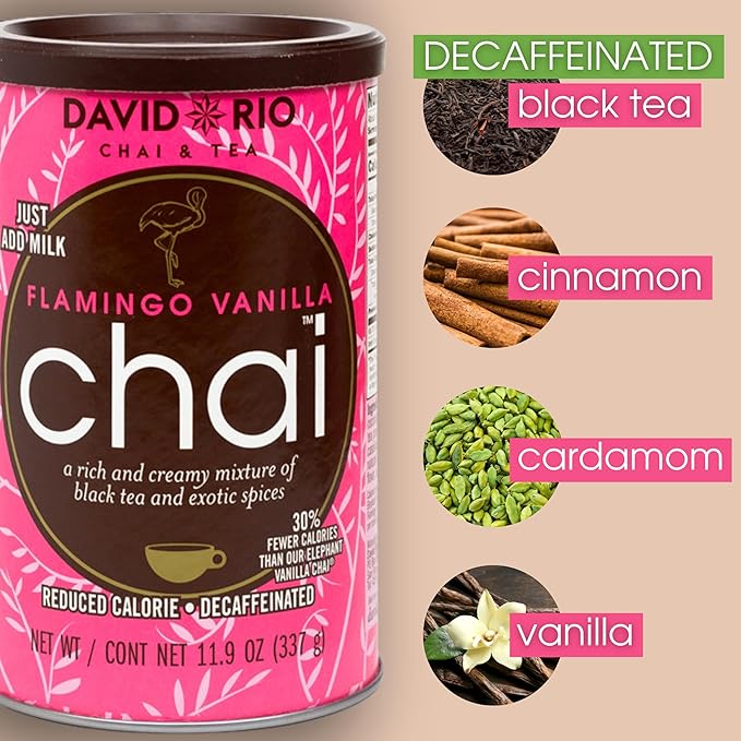 Flamingo Vanilla Decaffeinated Reduced Calorie Chai Tea Latte Mix, 11.9 Oz, Decaf Black Tea, Organic Spices, Sugar Free, Dairy Free, Serve Hot or Cold, Just Add Water or Milk, 18 Servings