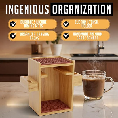 HEXNUB – Compact AeroPress Organizer Stand, Bamboo Coffee Caddy for AeroPress Coffee Maker, Accessories, Filters, Cups, Includes Mats - Brown