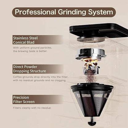 Coffee Maker with Grinder, Programmable Hot and Cold Coffee Maker with 22 oz Glass Carafe, Adjustable Fully Automatic grind and brew Coffee Machine with Timer, Black Americano Iced Coffee Machine