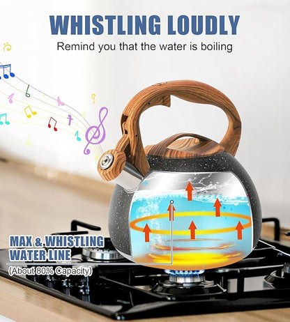 Whistling Tea Kettle Stovetop, Tea Pots for Stove Top Food Grade Stainless Steel with Wood Pattern Handle, 3.2Quart (Black)