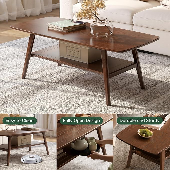100% Solid Oak Wood Coffee Table with Storage Shelf, 2-Tier Rectangle Coffee Table for Living Room, Modern Center Table for Living Room (Walnut Colour, 47.24" W x22.05 D x 17.32" H)