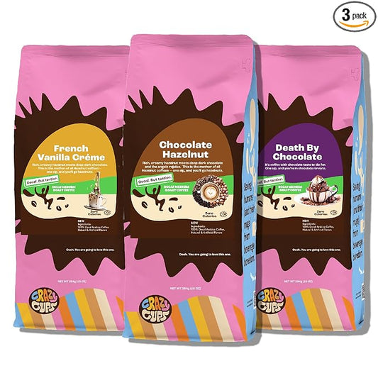 Crazy Cups Decaf Flavored Ground Coffee Variety Pack, Includes Chocolate Hazelnut, French Vanilla and Death by Chocolate, For Brewing Flavored Hot or Iced Decaf Coffee, Variety 3 Pack