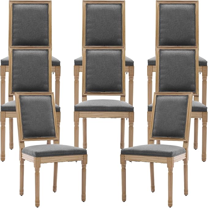 French Country Dining Chairs Set of 8, Grey Square Back Dining Chairs with Linen Upholstered Seat, Solid Wood Legs, Farmhouse Kitchen & Dining Room Chairs, Sillas De Comedor (Gray, 8Pcs)
