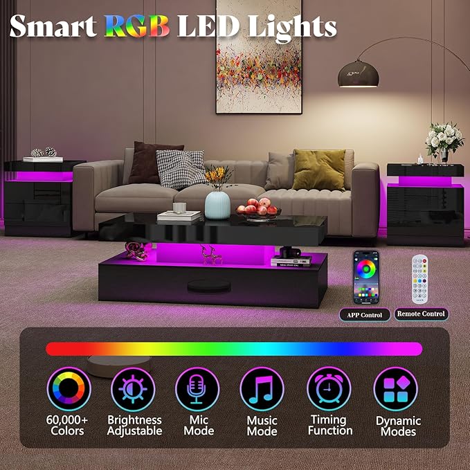 AMERLIFE High Gloss 3 Pieces Living Room Table Set, Modern LED Coffee Table Sets of 3, 2-Tier Center Table with 2 End Side Tables, LED Lights Bedside Table Nightstands with Charging Station, Black