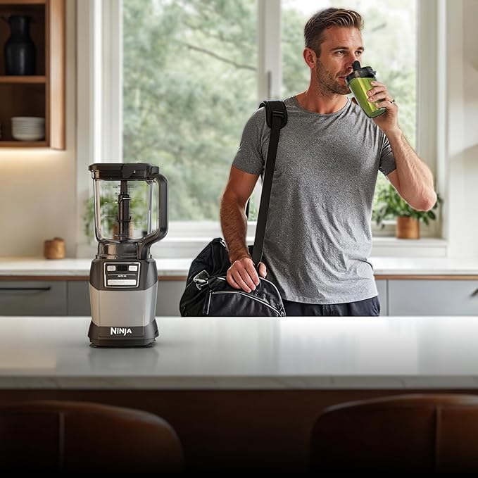 Ninja Blender, Compact Kitchen System, 1200W, 3 Functions for Smoothies, Dough & Frozen Drinks with Auto-IQ, 72-oz.* Blender Pitcher, 40-oz. Processor Bowl & 18-oz. Single-Serve Cup, Grey, AMZ493BRN