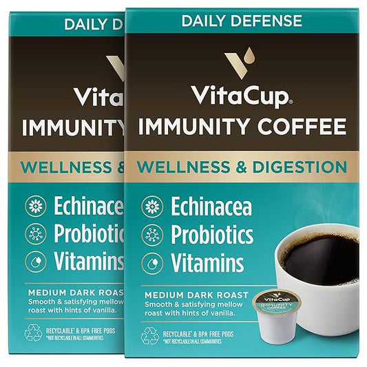 VitaCup Immunity Coffee Pods, Wellness Boost with Antioxidants, Echinacea, Probiotics, Vitamin C & D3, Medium Dark Roast, Recyclable Single Serve Pod Compatible with Keurig K-Cup Brewers,32 Ct