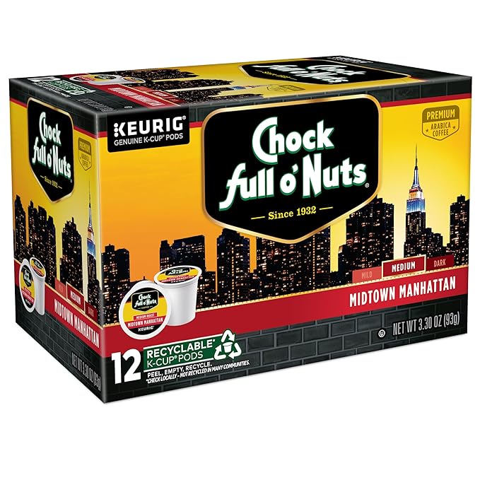 Chock Full o'Nuts Midtown Manhattan Coffee, Compatible with Keurig K-Cup Pods, 12 CT (Pack of 6)