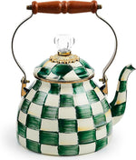 Load image into Gallery viewer, MACKENZIE-CHILDS Enamel Tea Kettle, Stylish Tea Kettle for Stovetop, Green-and-White Emerald Check, 2 Quarts